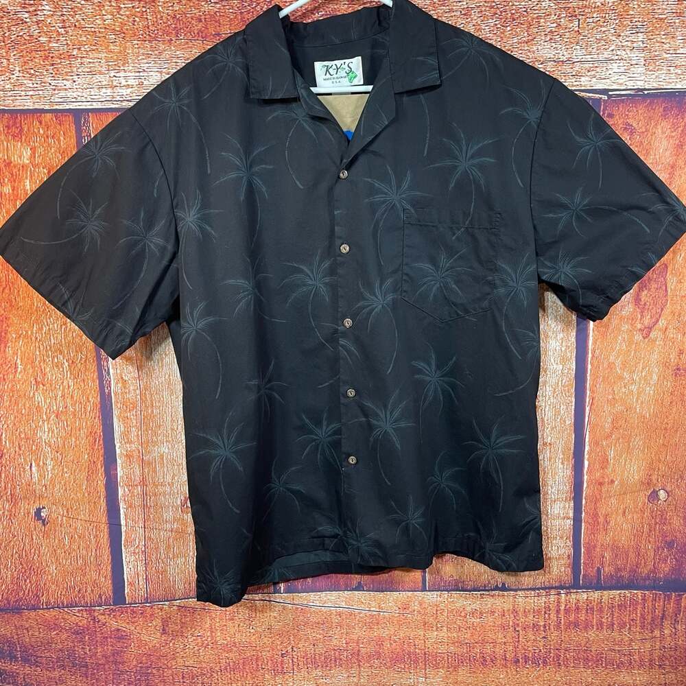 Ky's Made in Hawaii 2XL Black Palm Tree Print Short Sleeve Button Down Shirt